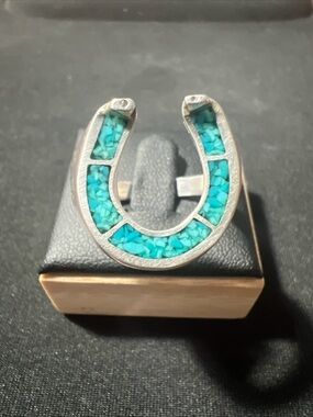 Vintage Navajo Sterling Silver Horseshoe Ring Featuring Turquoise Inlay Size 12